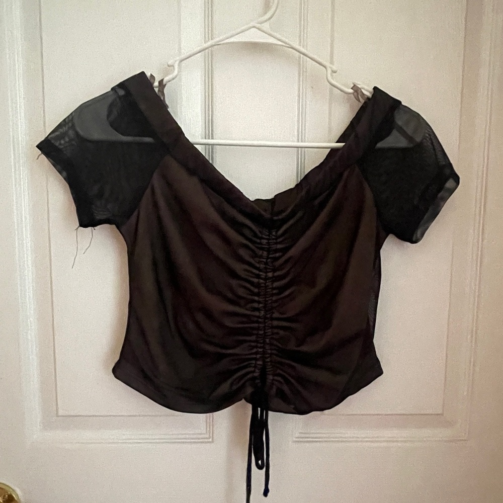 Fashion Nova Ruched Off the Shoulder Mesh Crop Top